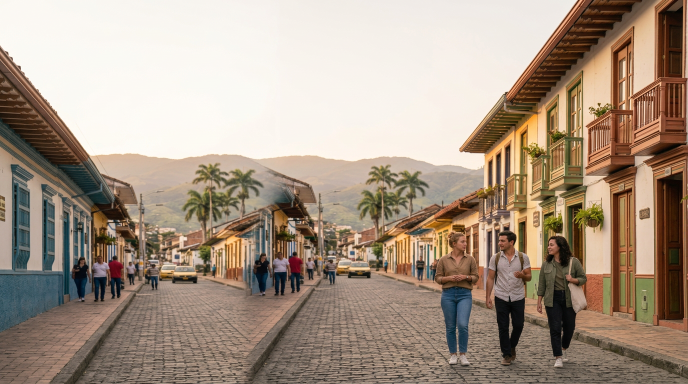 A lively colonial street in South America with travelers walking toward the mountains